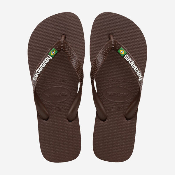 Brown flip-flops with a brand logo on a white background