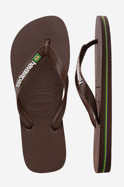 Brown flip-flops with brand logo on a light gray background