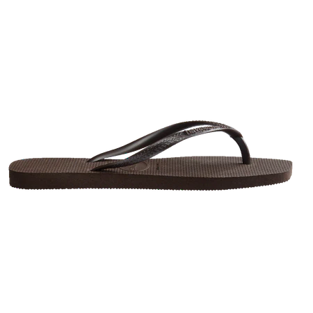 Pair of brown flip-flops with a visible brand logo on a white background