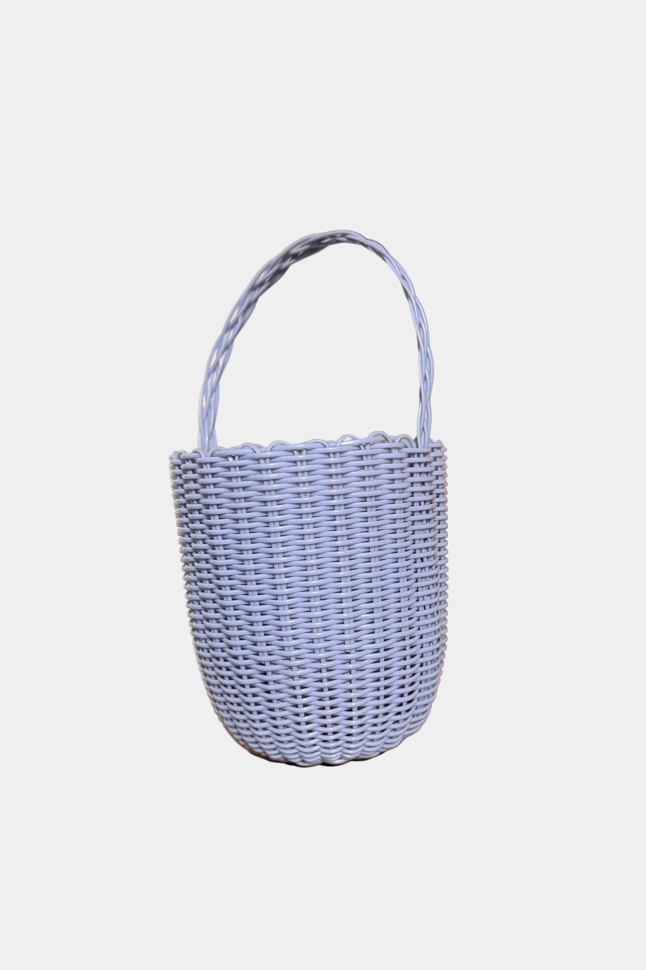 Lilac woven mini bucket bag displayed against a white background