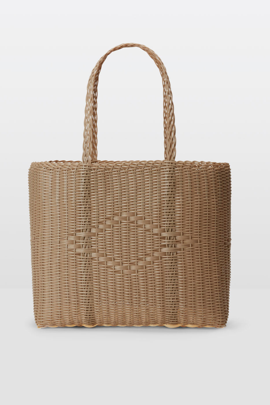 Woven brown tote bag on a light gray background
