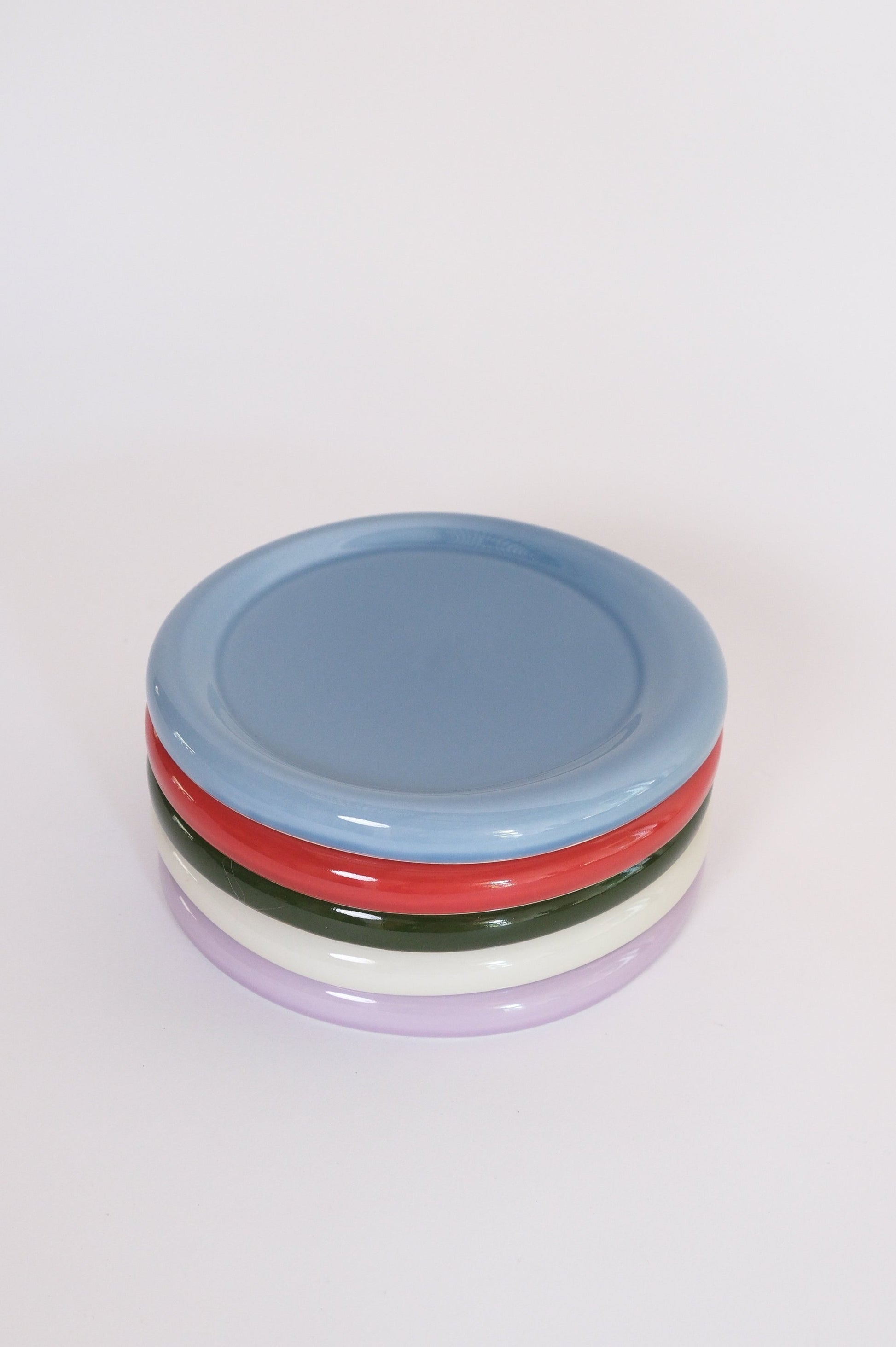 stack on snack plates in blue, red, green, cream and lilac