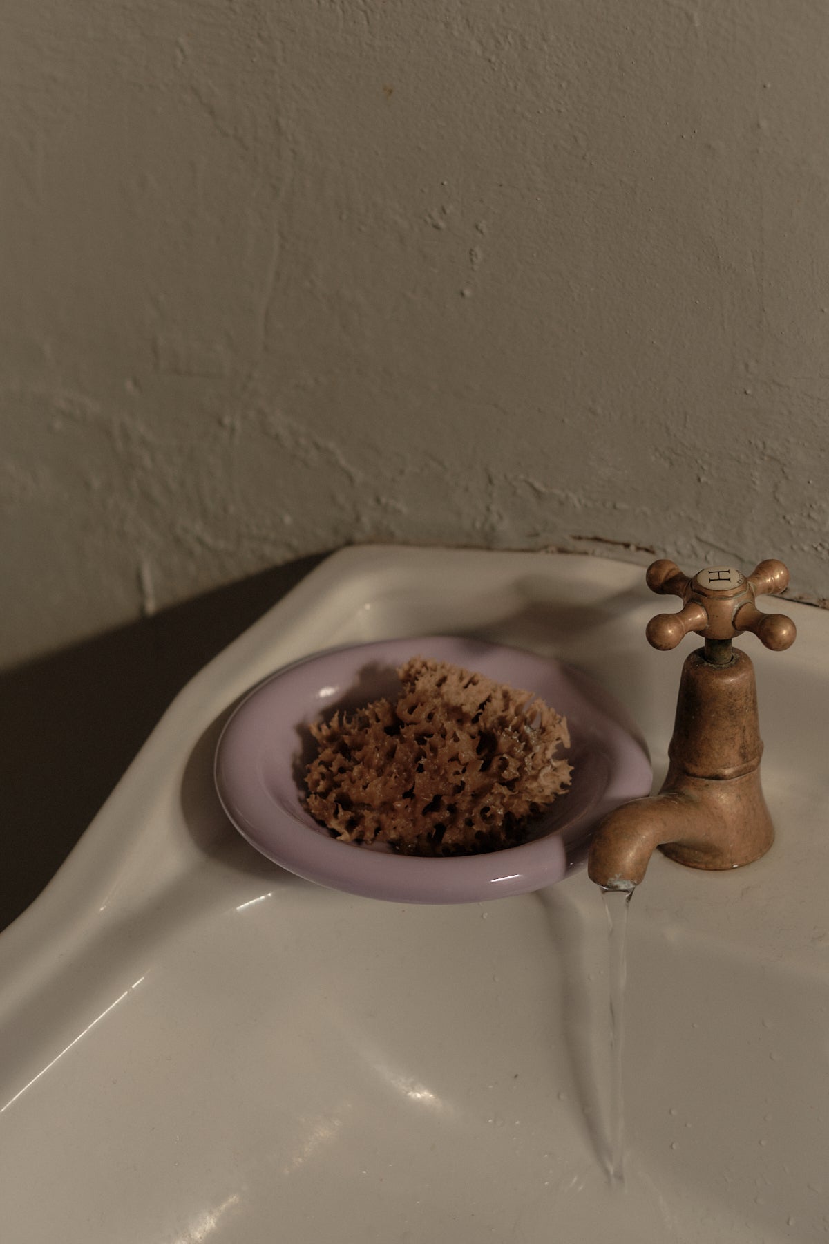 side bowl in lilac with a sponge inside sitting on a cream sink with brass tap