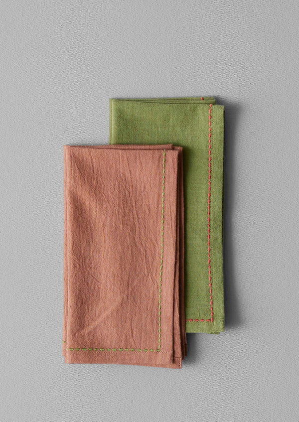 Embroidered Cotton Linen Napkin Set - Clay/Moss