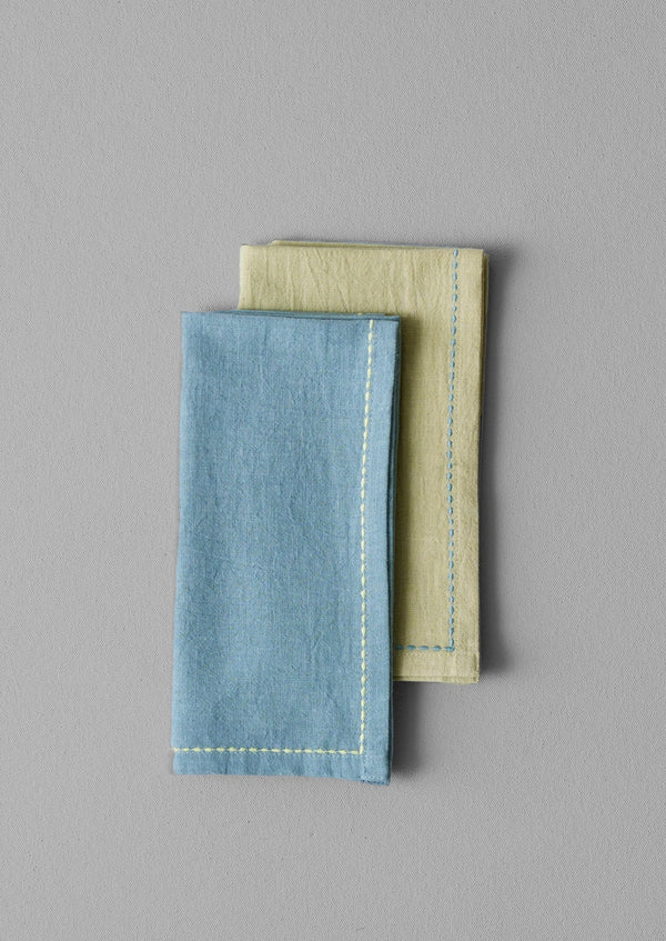 Embroidered Cotton Linen Napkin Set - POLLEN/BREEZE BLUE