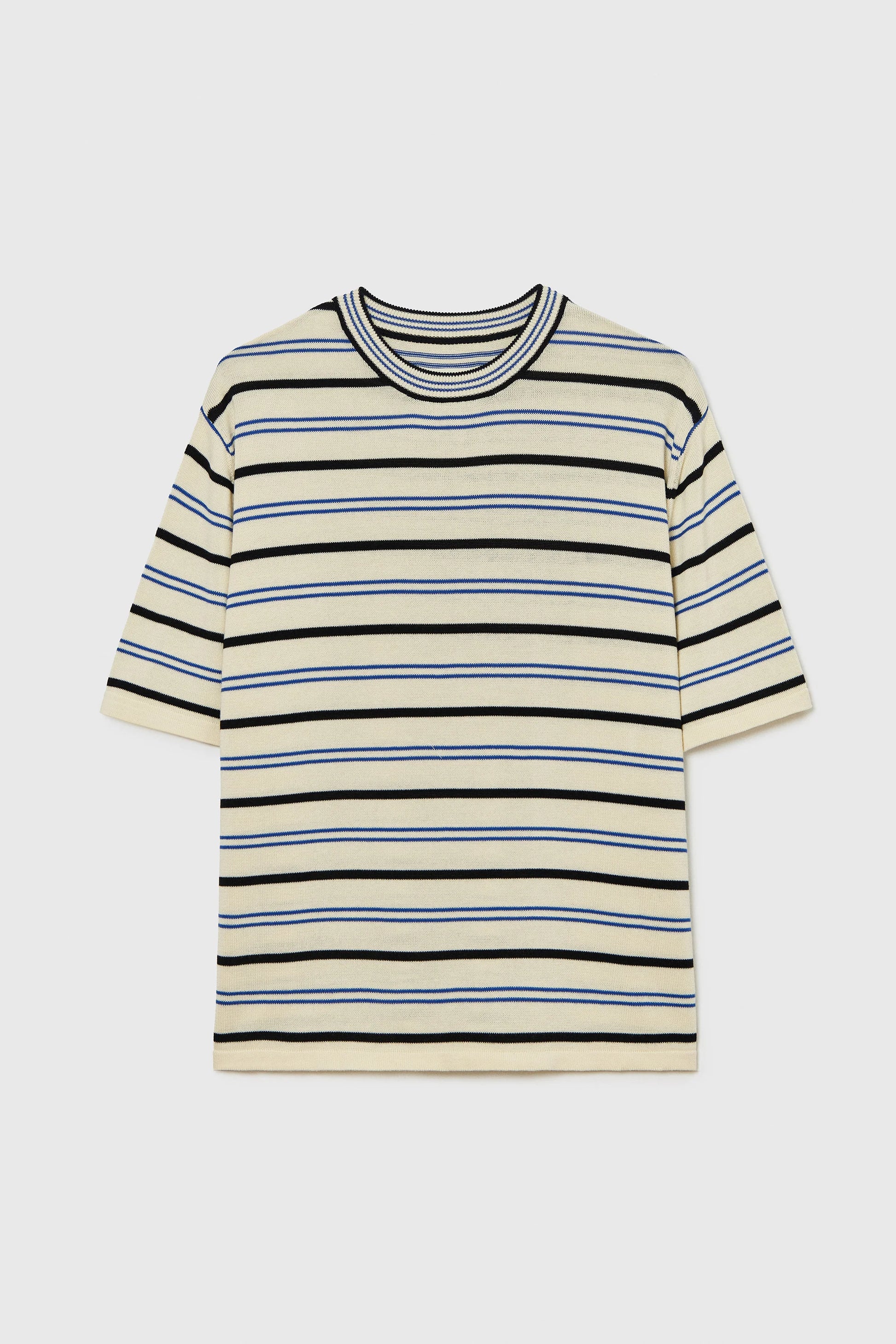 Striped shirt with black, blue, and beige horizontal stripes on a light gray background