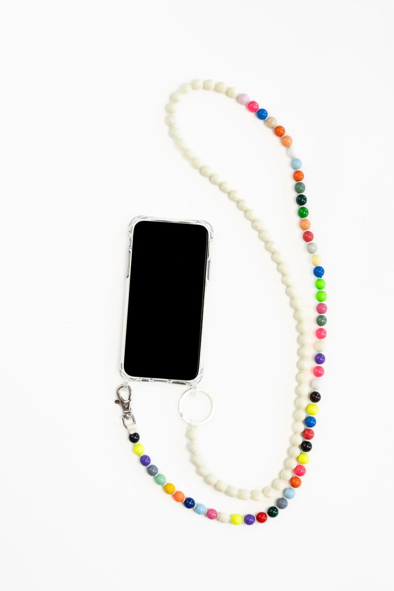 Phone case with colorful beaded necklace on a white background