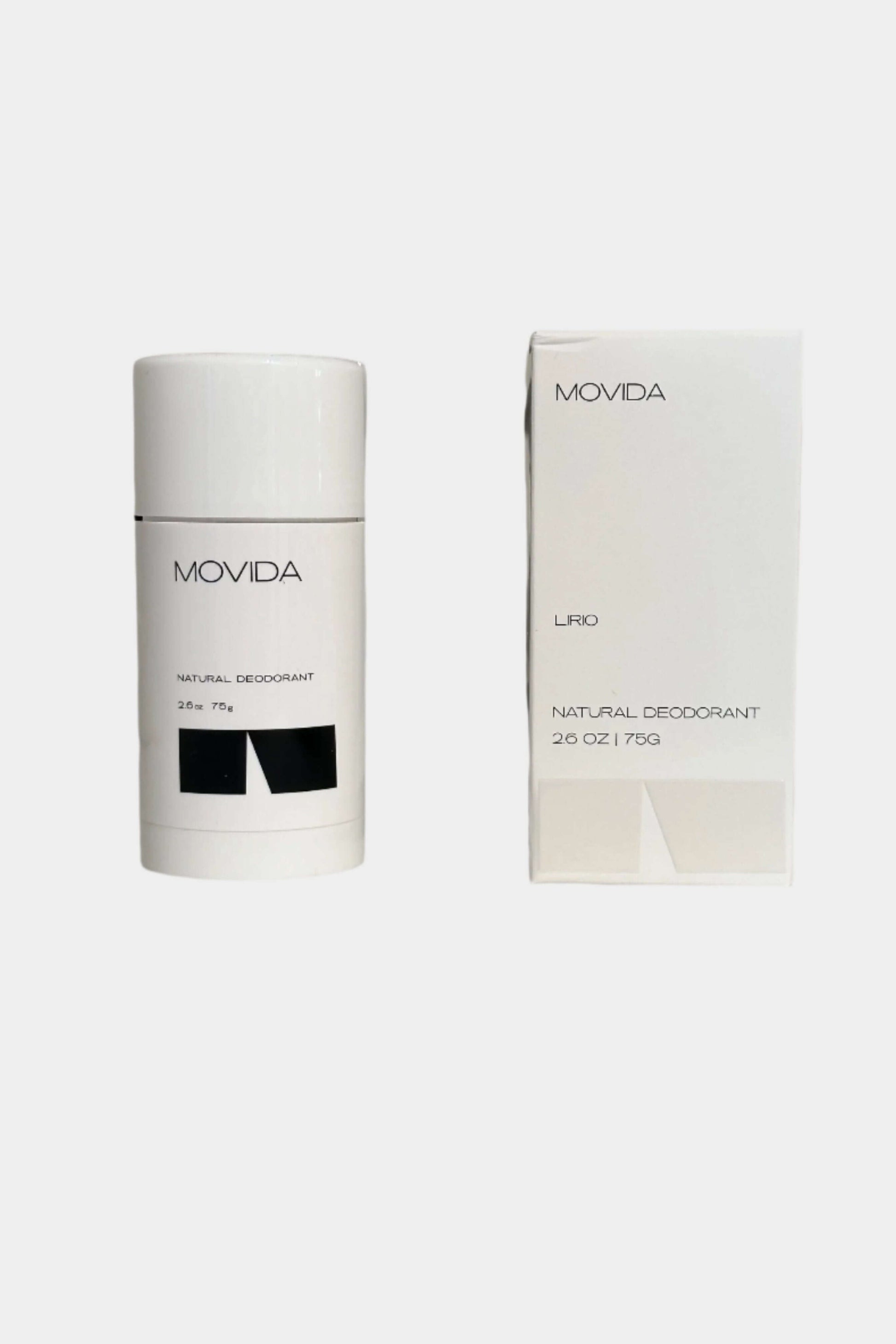 The image shows two Movida deodorant sticks, one standing upright and the other lying down, inside a white box with the product name 'Lirio' and the scent 'Geranium and Bergamot' printed on it.