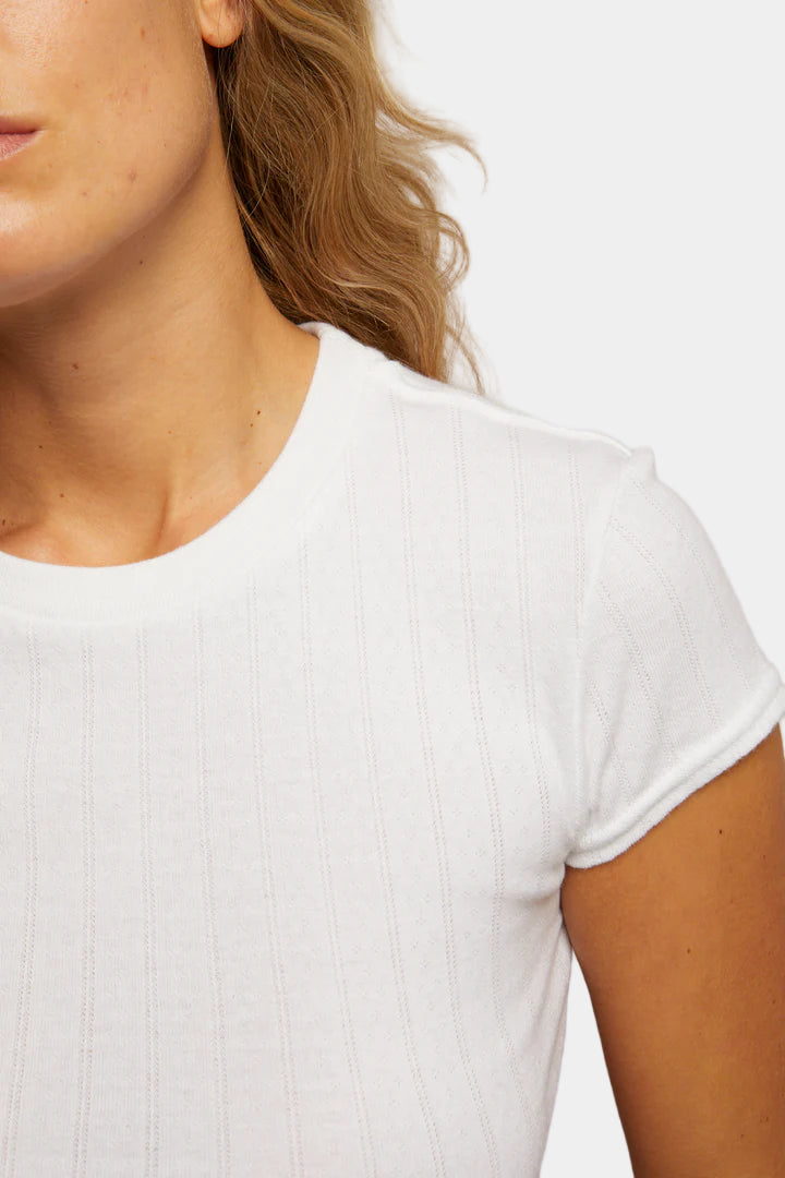 Close-up of a person wearing a plain white t-shirt against a neutral background