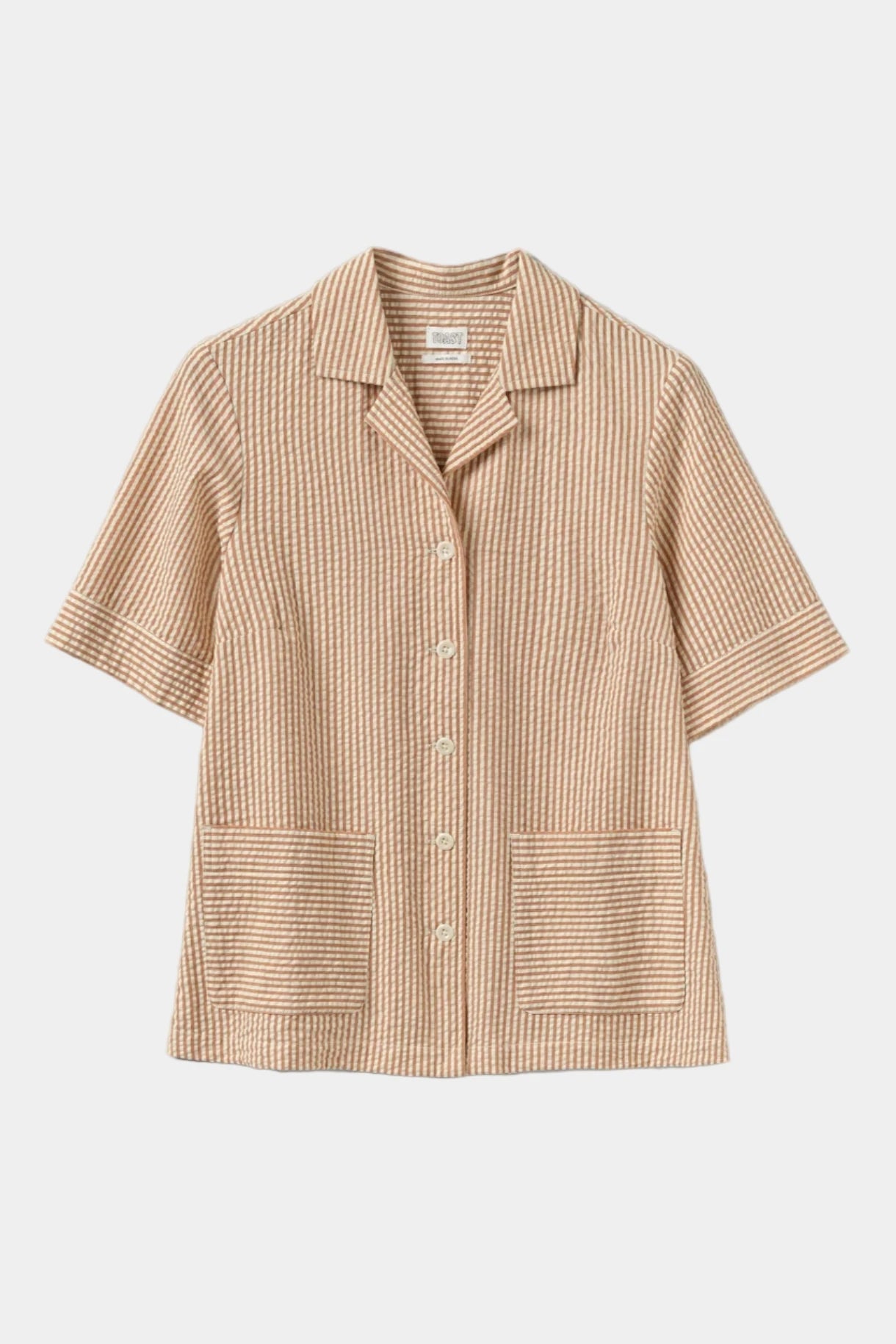 Beige stripe shirt on a light gray background