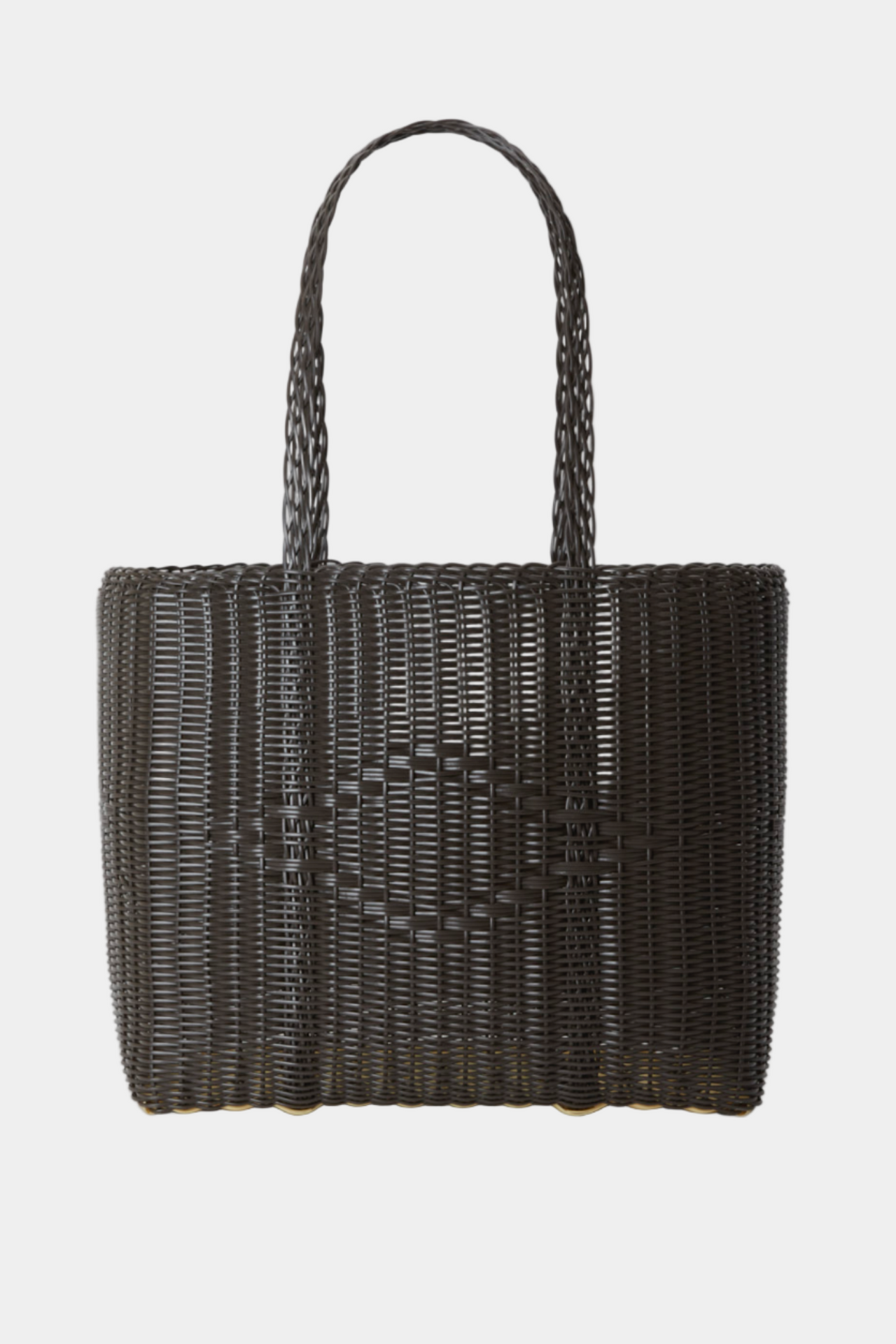 Dark brown woven tote bag on a light gray background
