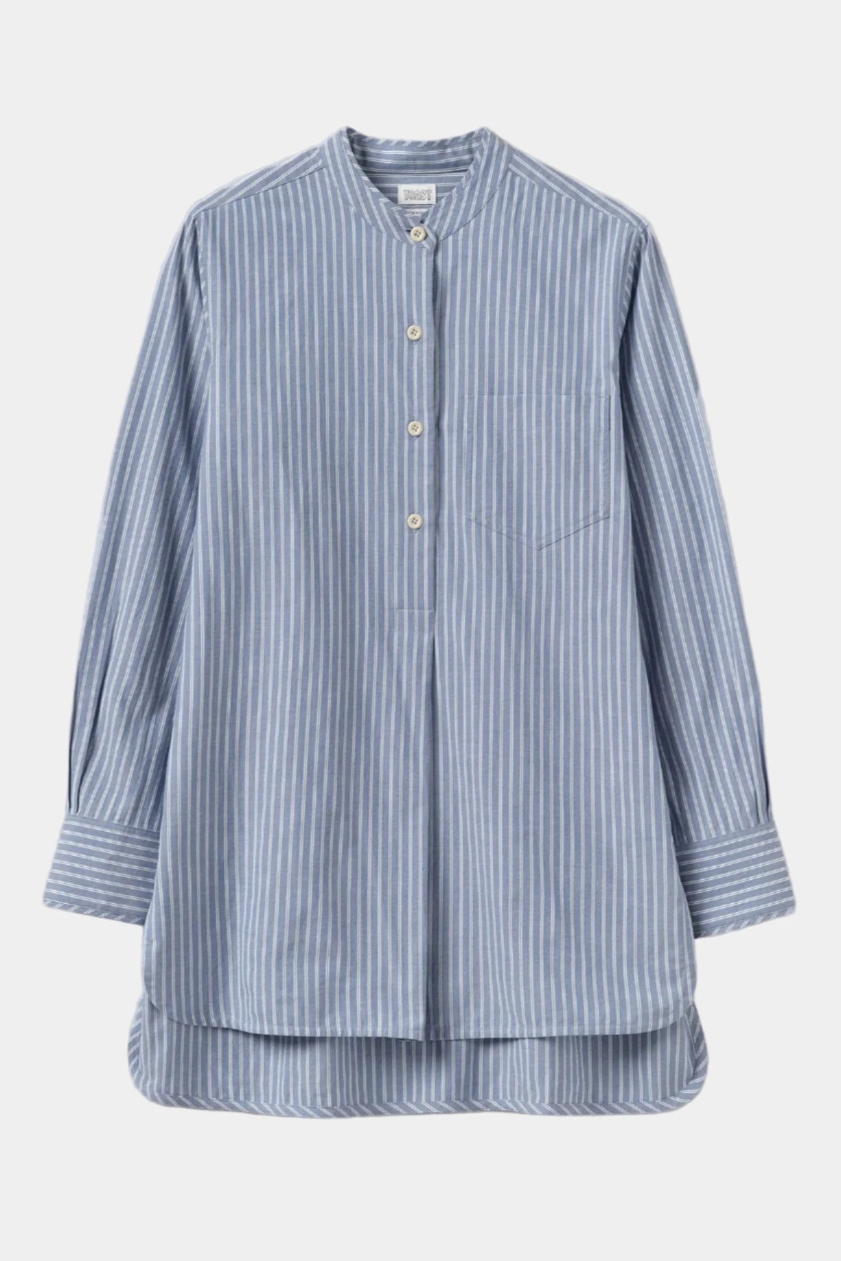 Blue and white striped shirt on a light gray background
