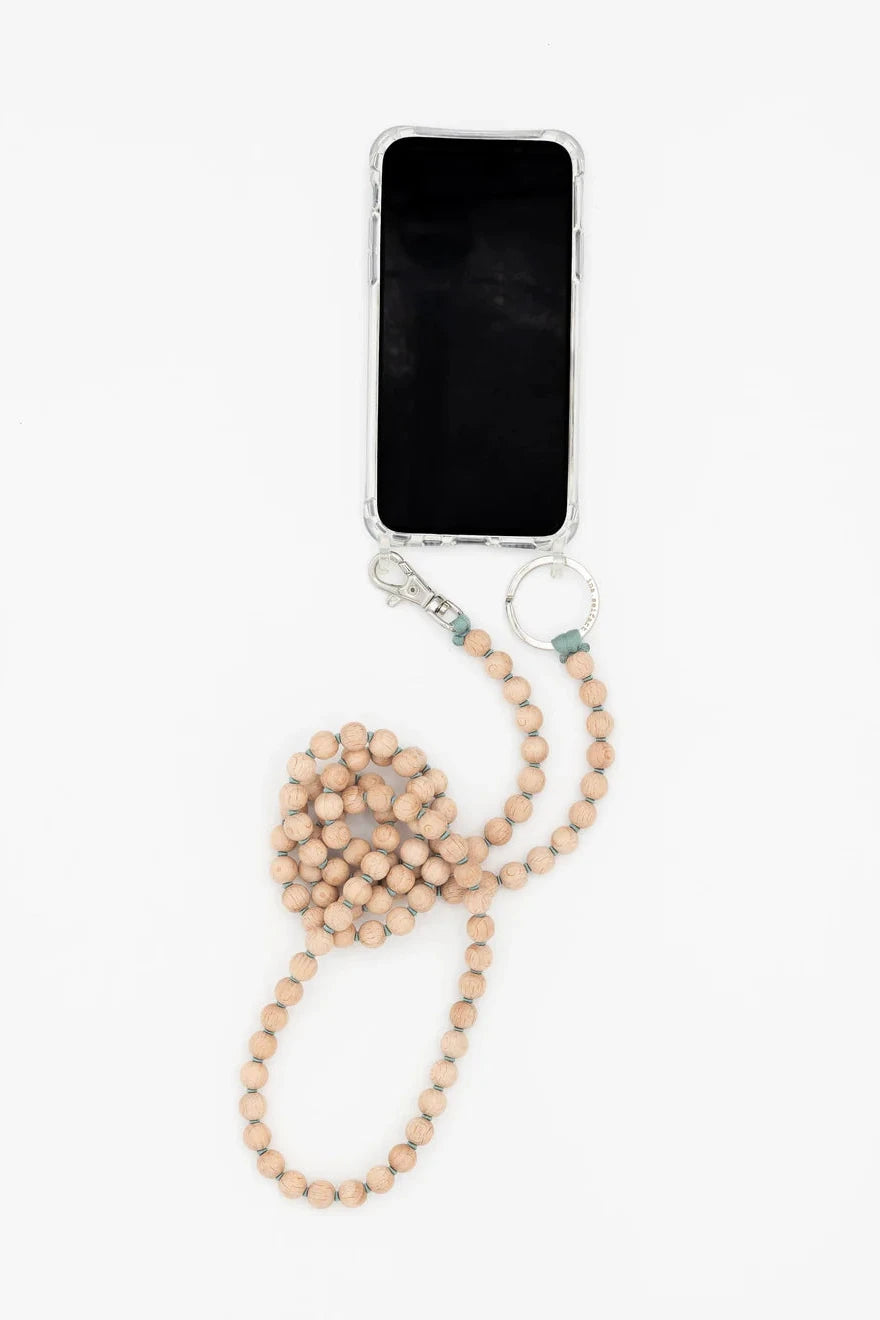 Phone with wooden beaded carry, displayed on a white background