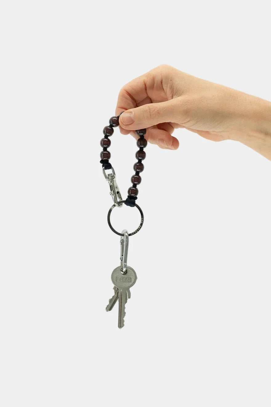 Hand holding a keychain with keys against a white background
