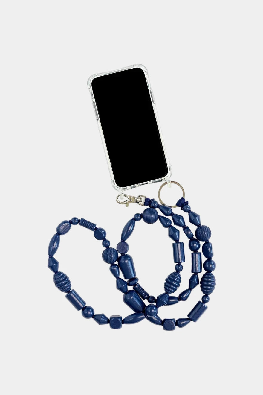 Navy blue beaded lanyard with a phone holder on a white background