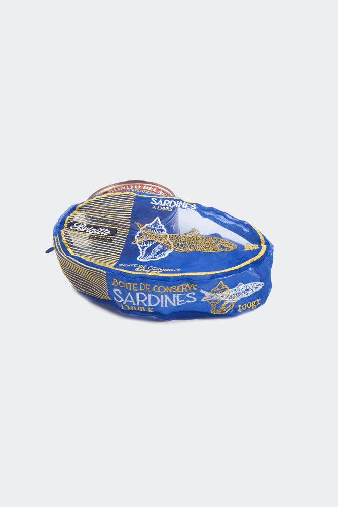 sardines organza pouch blue and yellow label on a white background