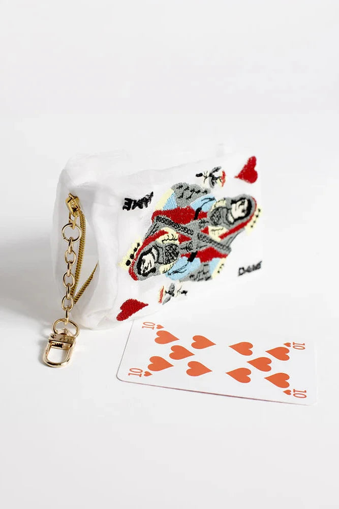 Small pouch with card design and chain on a white background
