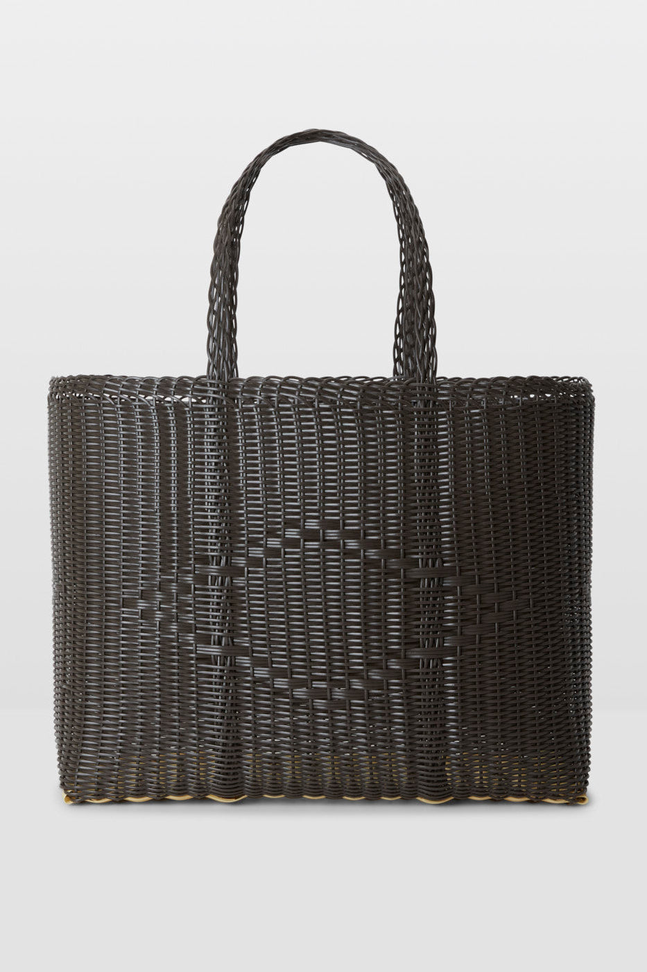 Black woven handbag on a light gray background
