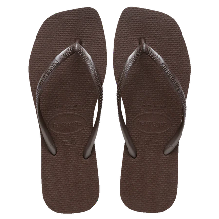 Pair of brown flip-flops with a visible brand logo on a white background