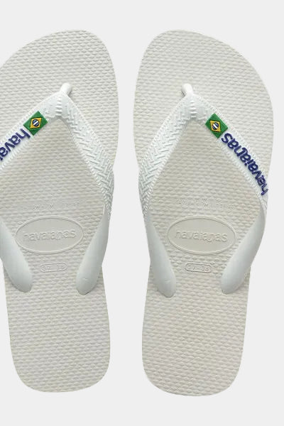 White flip-flops with brand logo on a white background