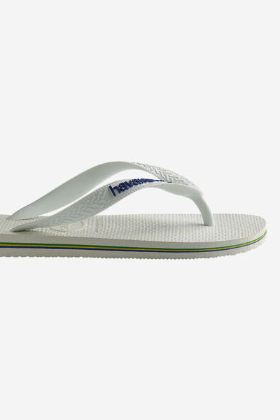 White flip-flop sandal with a logo on a white background