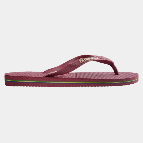 Maroon sandal with a colorful sole on a white background