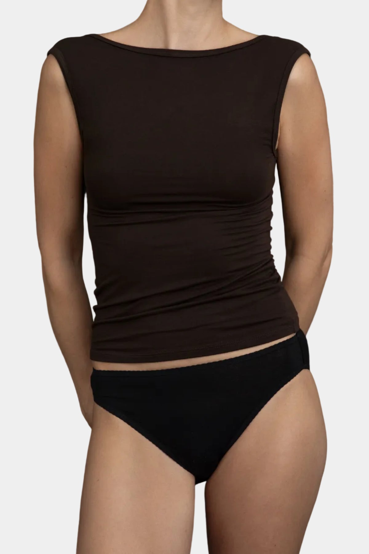 A model wearing Kye Intimates Recline Bateau sleeveless top in Espresso and recline briefs - East Coast General