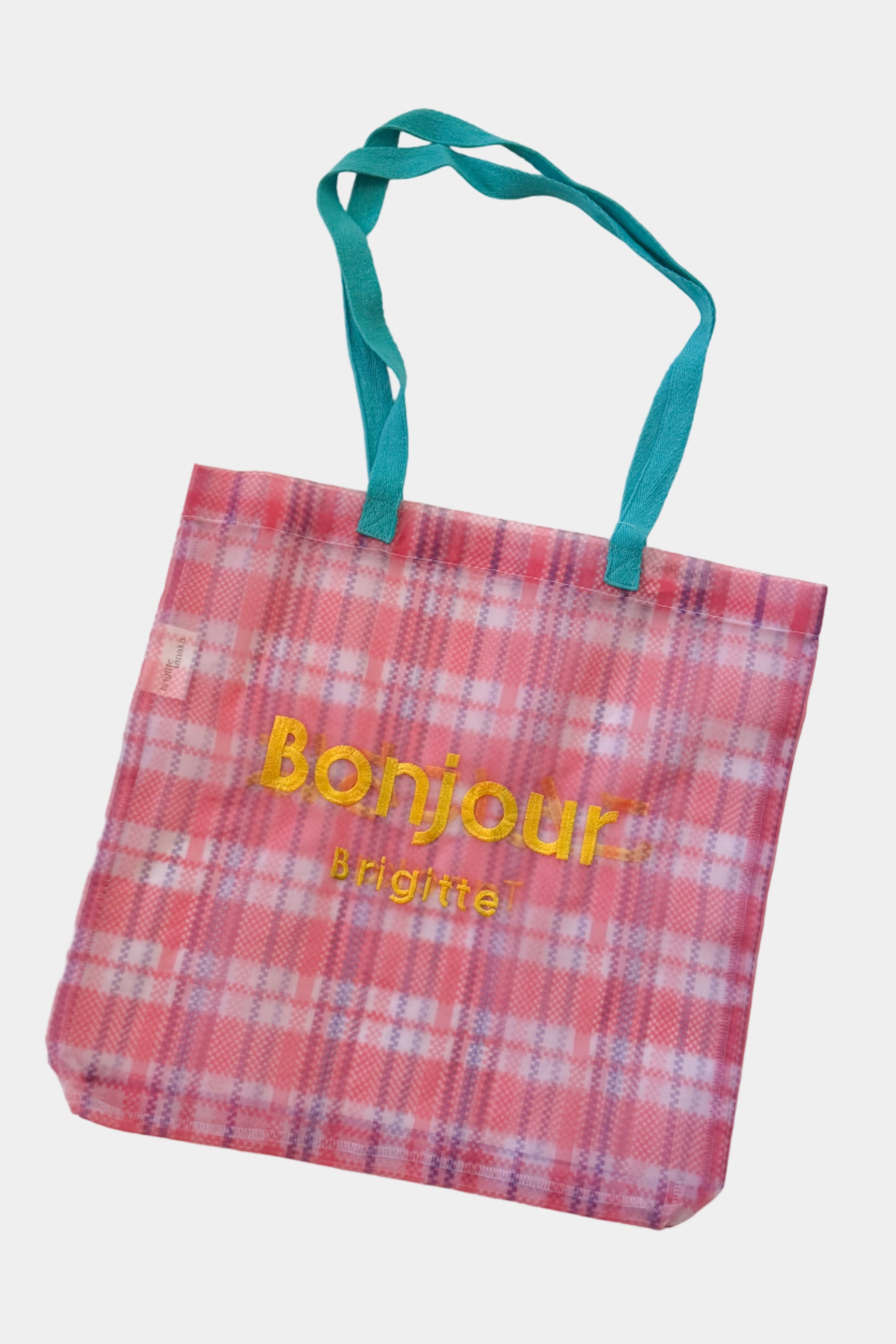 Organza Plaid tote bag with 'Bonjour' text on a white background