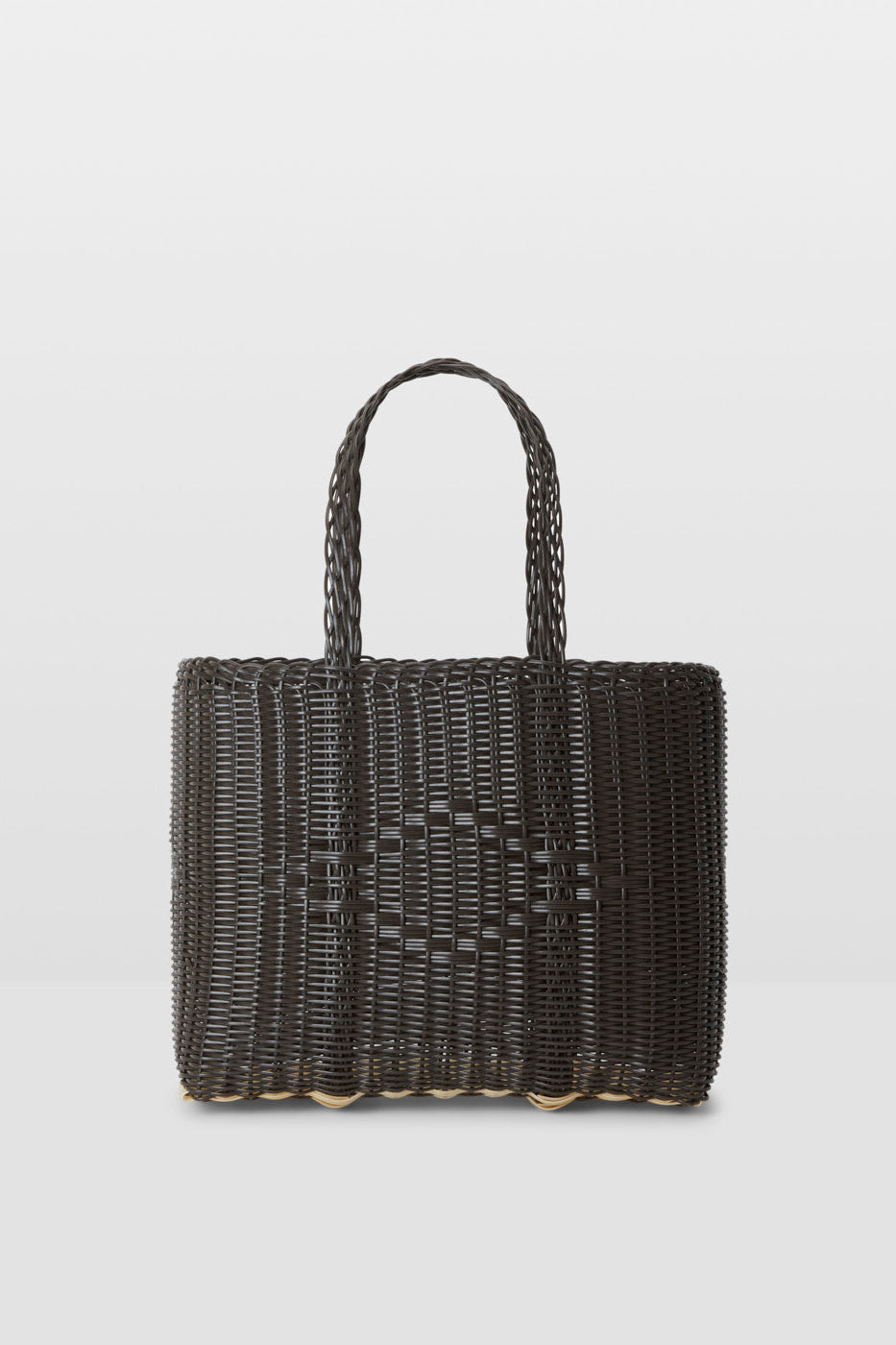 Black woven handbag on a light gray background