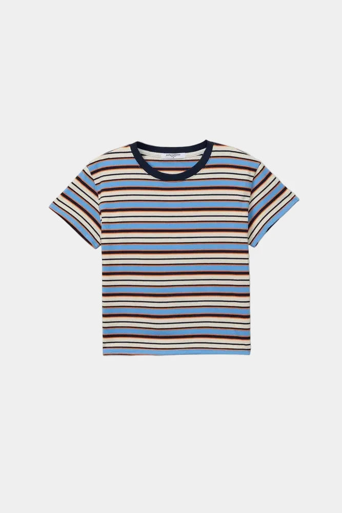 Dawn tee in pacific clementine stripe, flat lay view - east coast general
