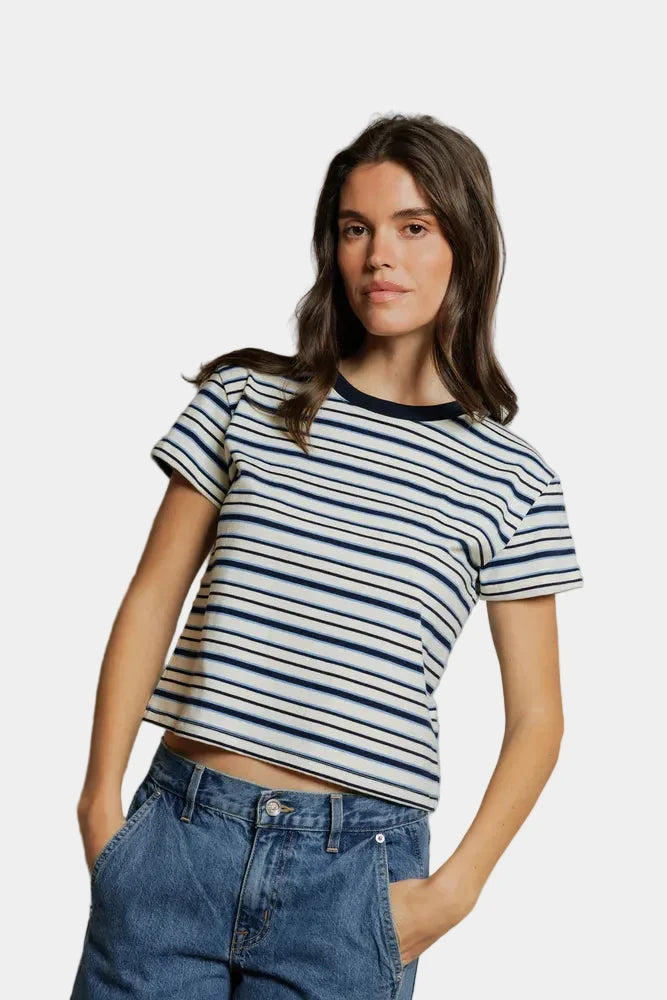 Perfect white tee pacific stripe dawn tee on a lady, viewed from the front - east coast general