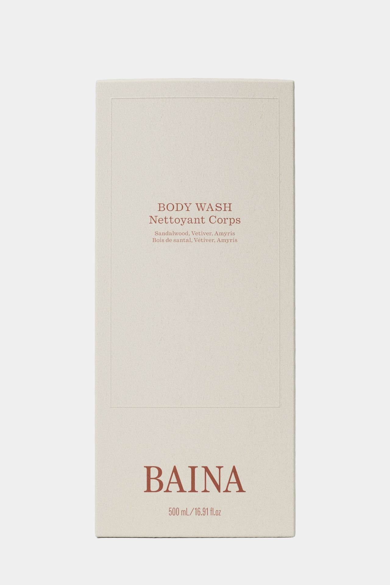 Baina body wash bottle with pump on a gray background
