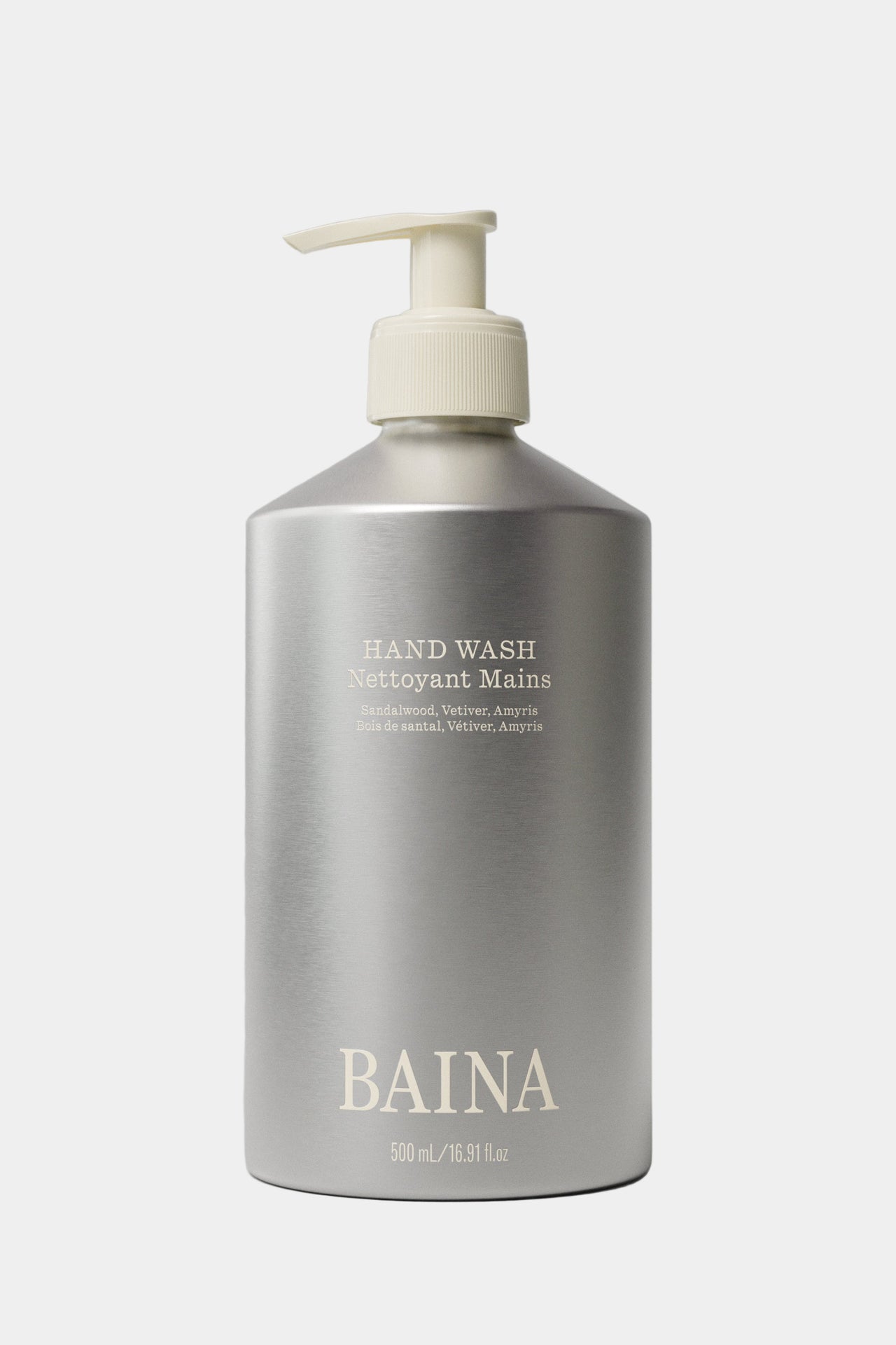 Baina hand wash bottle with pump on a gray background