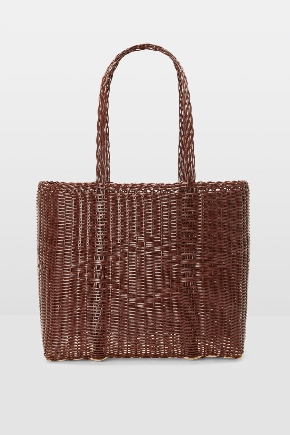 Brown woven handbag on a light gray background
