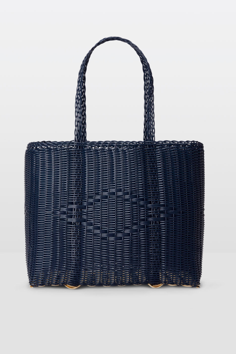 Black woven handbag on a light gray background