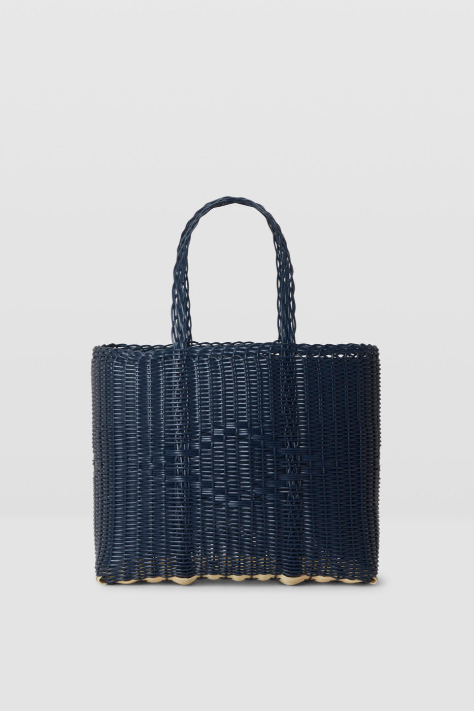 Black woven handbag on a light gray background