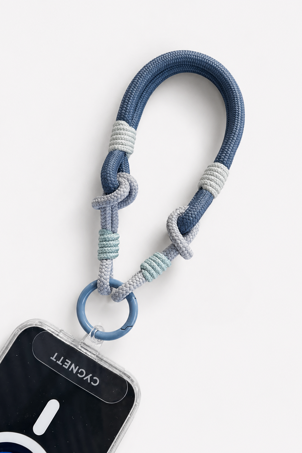 Blue braided phone strap attached to a phone case on a white background