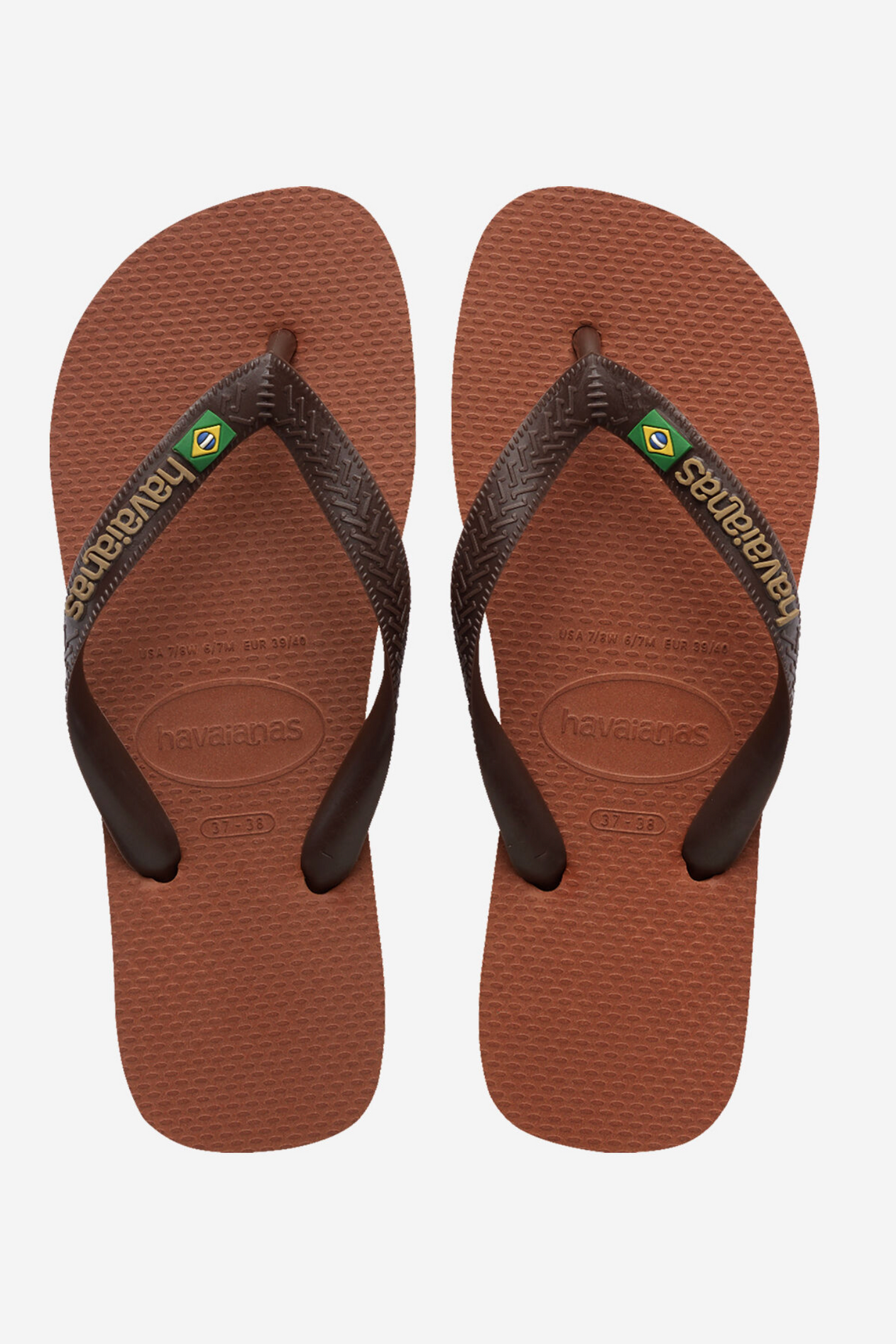 Havaianas Brasil Logo brown rubber flip flops in Rust Coffee with Brazilian flag strap at East Coast General