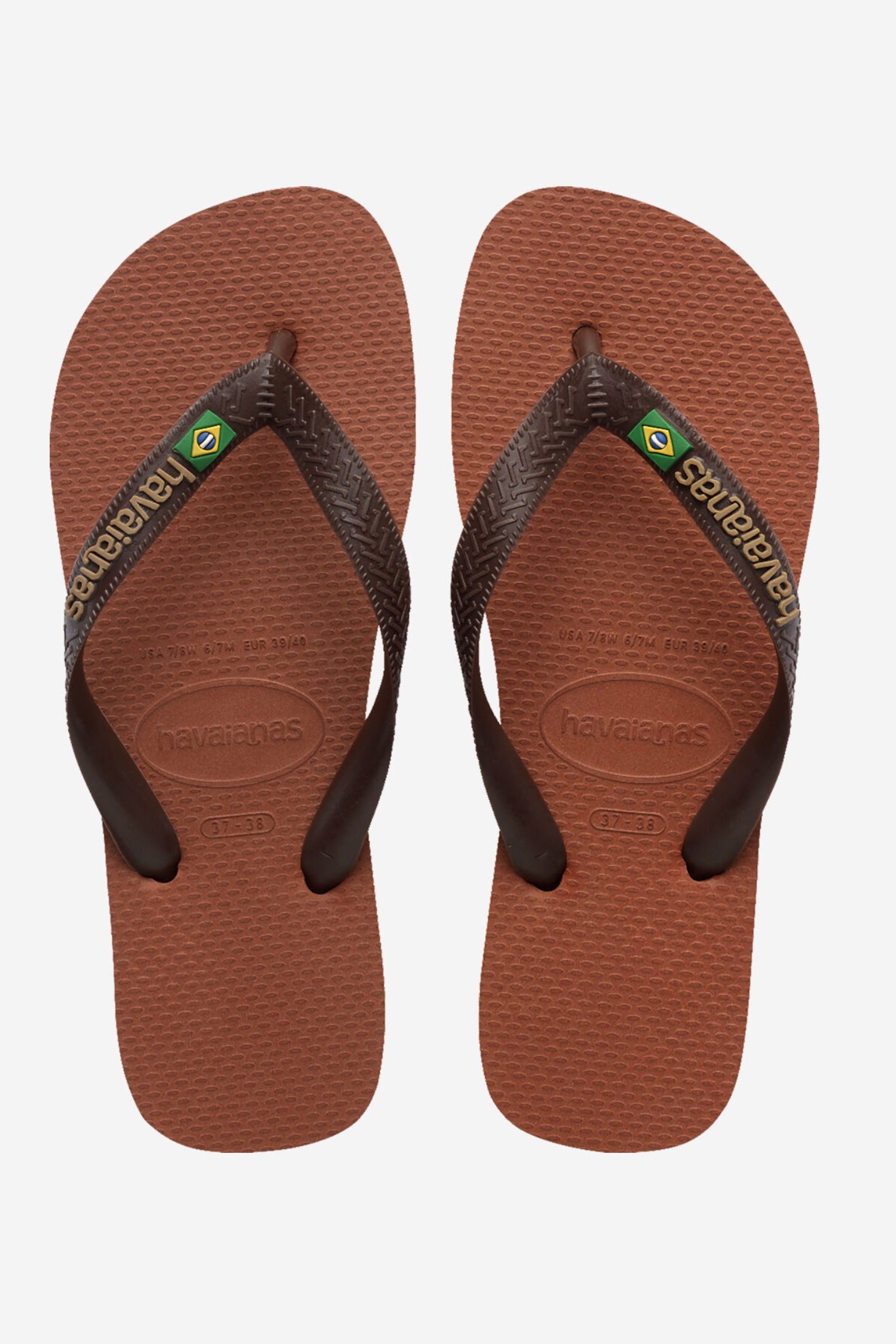 Havaianas Brasil Logo brown rubber flip flops in Rust Coffee with Brazilian flag strap at East Coast General