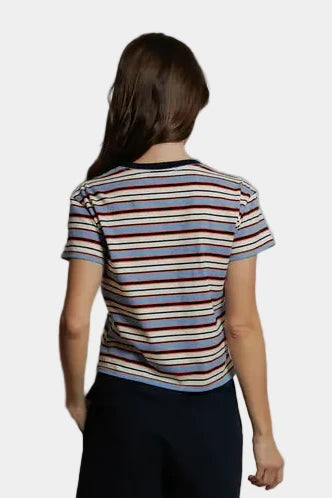 A person wearing the Dawn tee in pacific clementine stripe, viewed from the back - east coast general