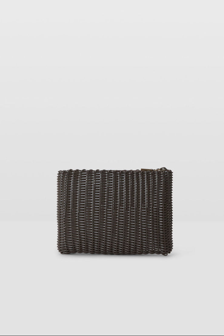 midnight brown woven rectangular pouch on a light gray background