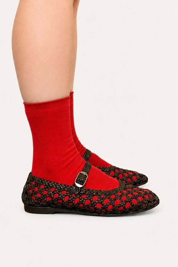 ECG cotton ribbed socks in red, style with Le monde beryl woven Mary Jane shoes in chocolate - East Coast General