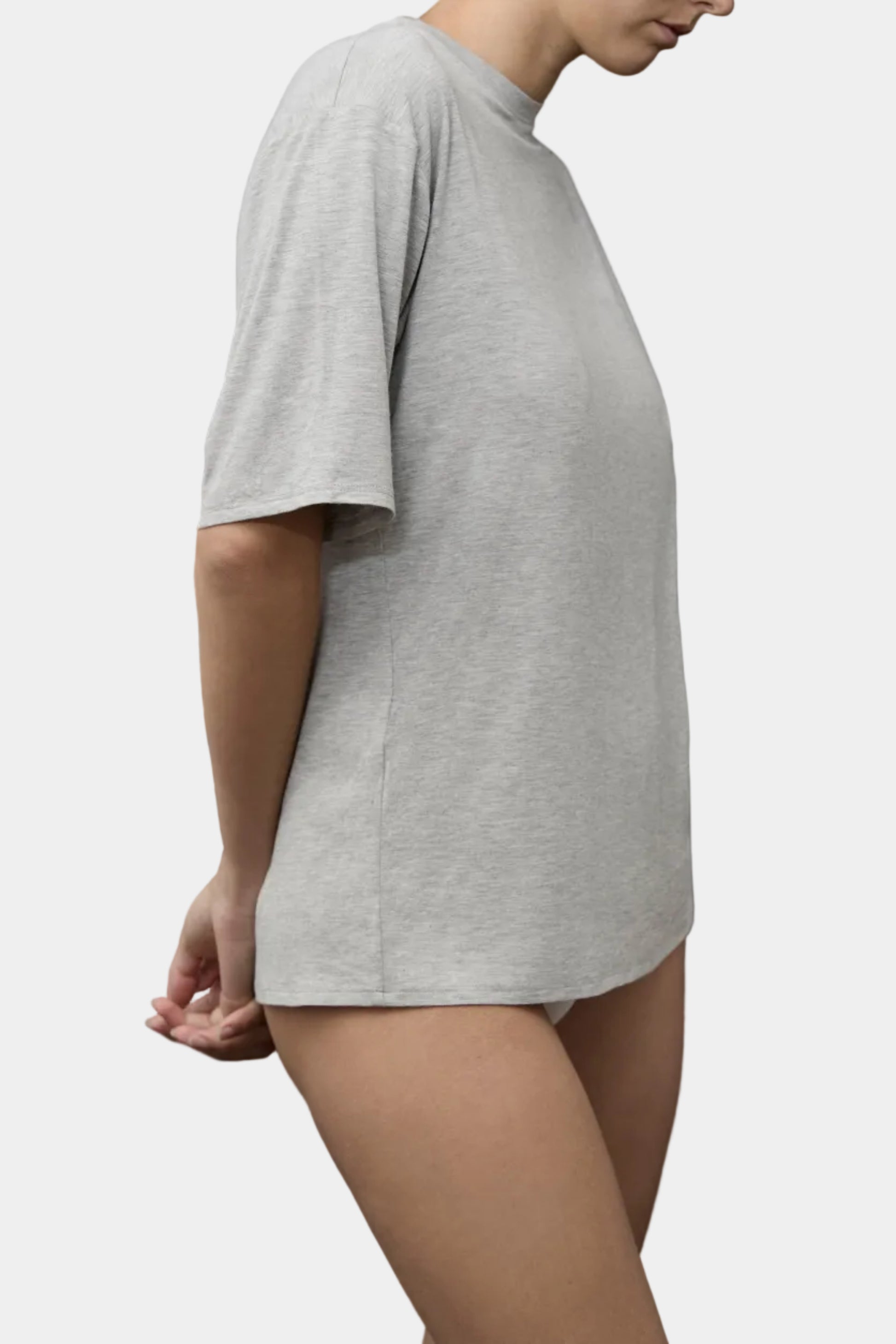 KYE Intimates Relaxed Tee in Dove grey bamboo jersey viewed from the side - East Coast General
