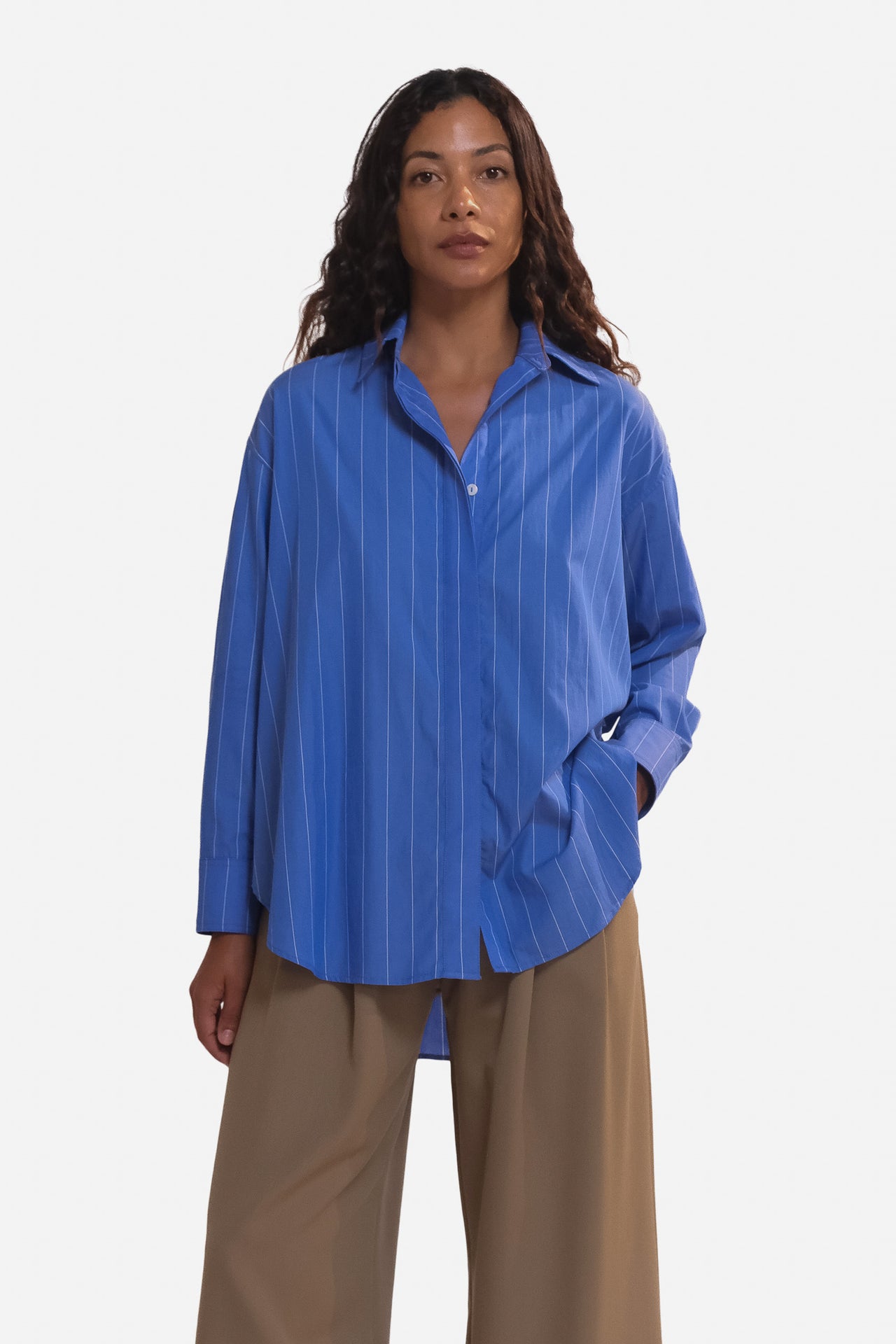 women wearing a cobalt blue stripe shirt and camel trousers against a plain background