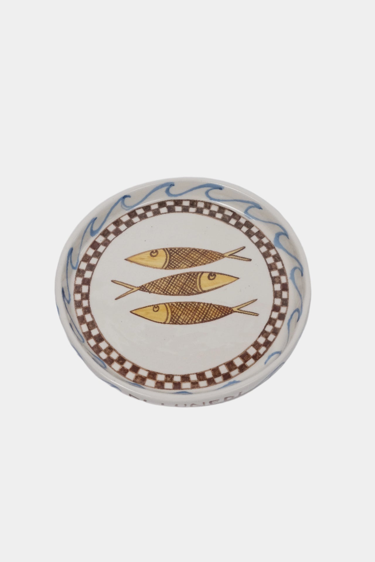 Sardine plate, top view. Illustrated with 3 fish.