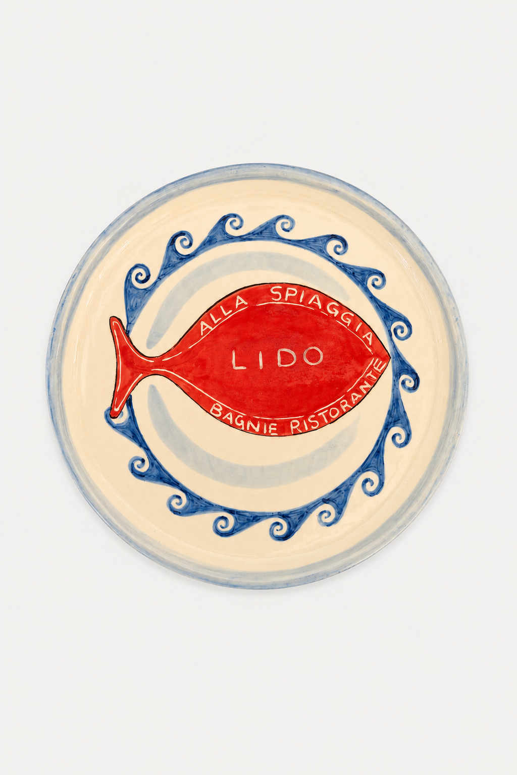 Di lunedi sardine plate featuring a hand-painted style design of a red fish with blue wave details and the text 'ALLA SPIAGGIA LIDO BAGNIE RISTORANTE'. East Coast General