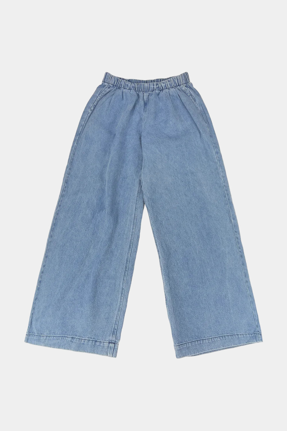 Light blue denim pants on a white background