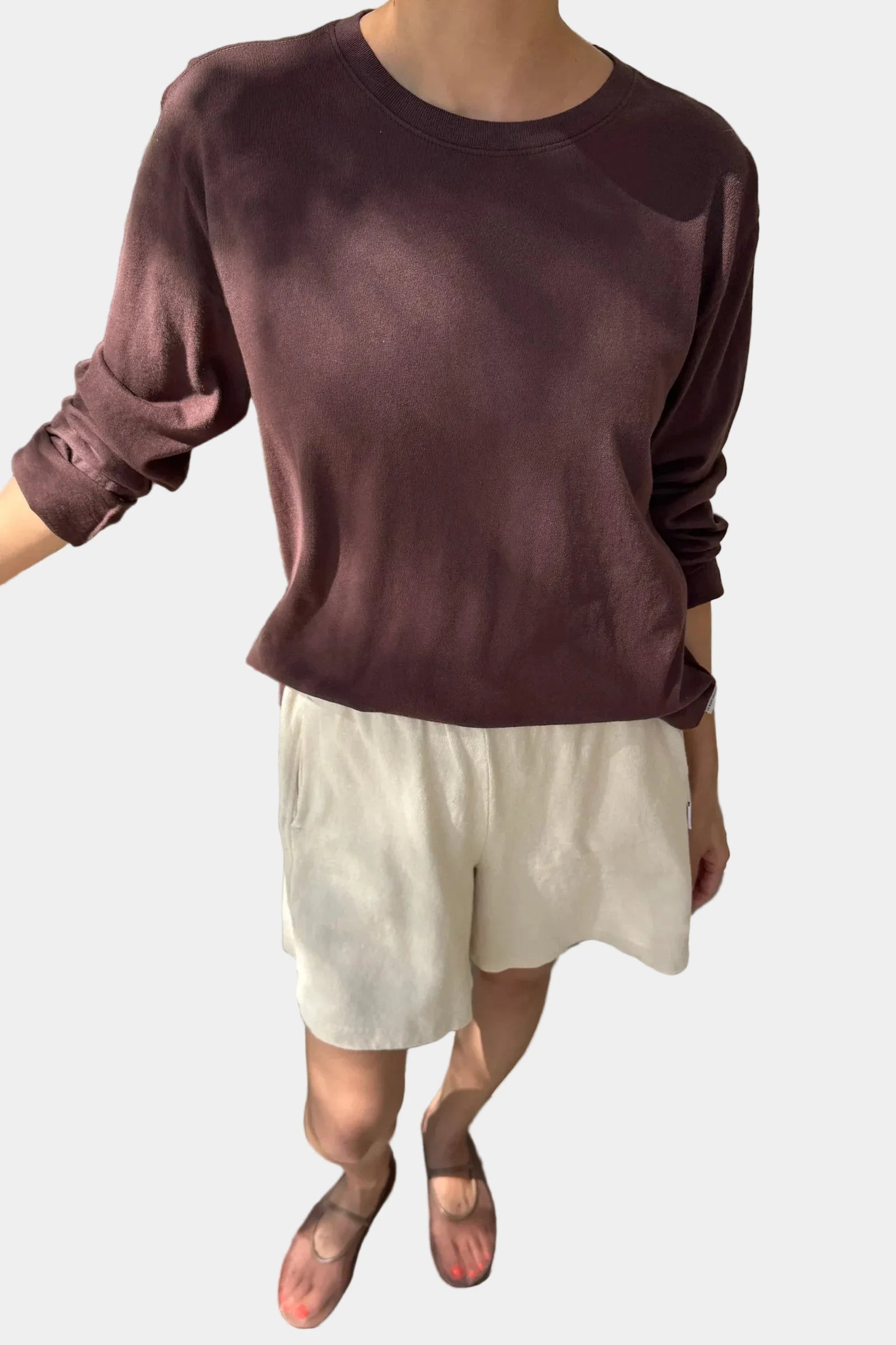 Le Bon Shoppe foundation long sleeve tee in dark cacao styled with off white shorts - East Coast General