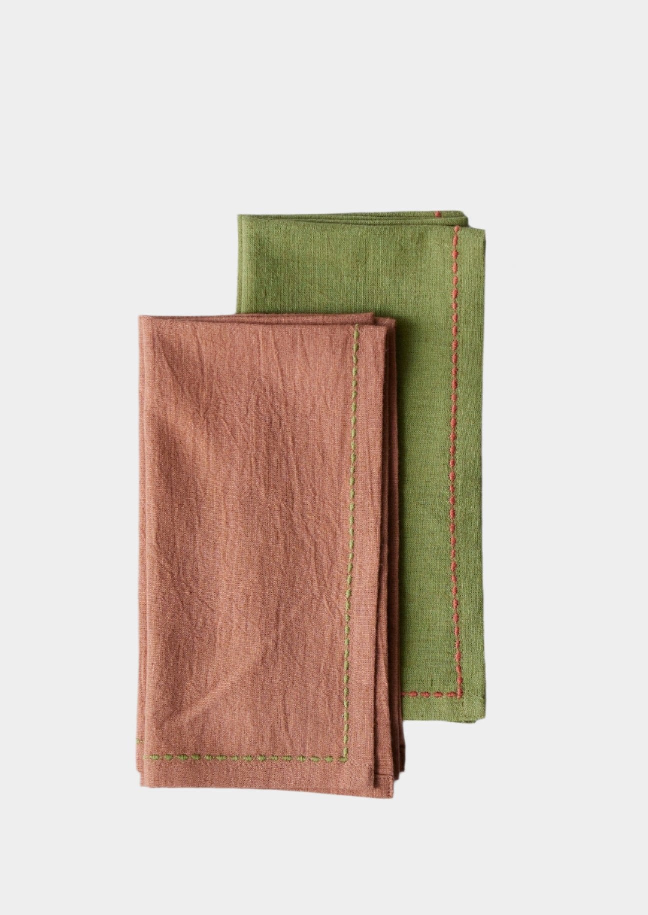 Embroidered Cotton Linen Napkin Set - Clay/Moss