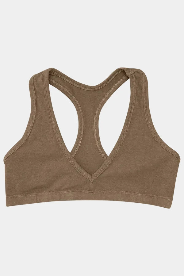 Light brown Racer back bra on a white background